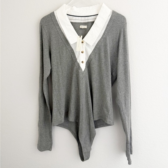 Anthropologie Pilcro Gray Collared Bodysuit - Picture 2 of 6